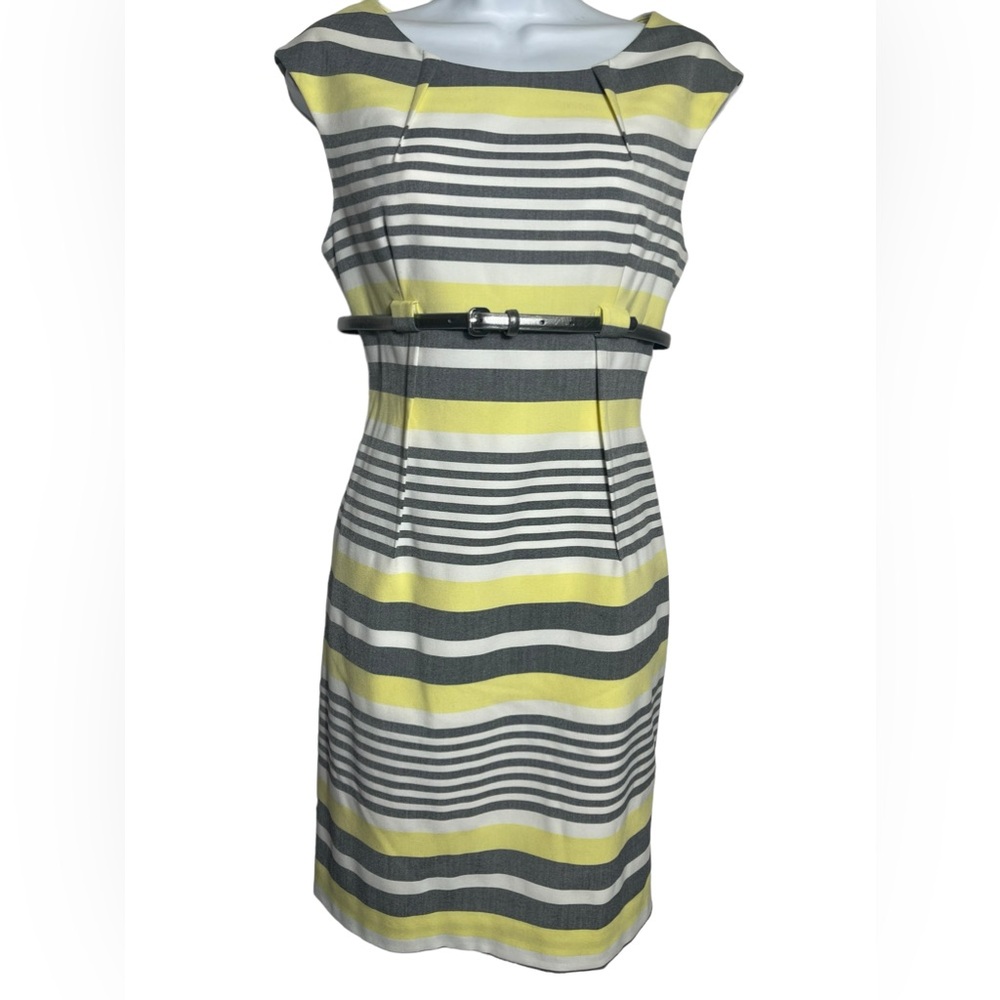 Calvin Klein dress size 8 petite‎ stunning yellow & grey dress w/ silver belt